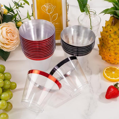 WELLIFE 120PCS Black and Red Cups,9 OZ Clear Plastic Cups,Plastic Cocktail Glasses,Disposable Wine Glasses for Parties(60 Red, 60 Black)