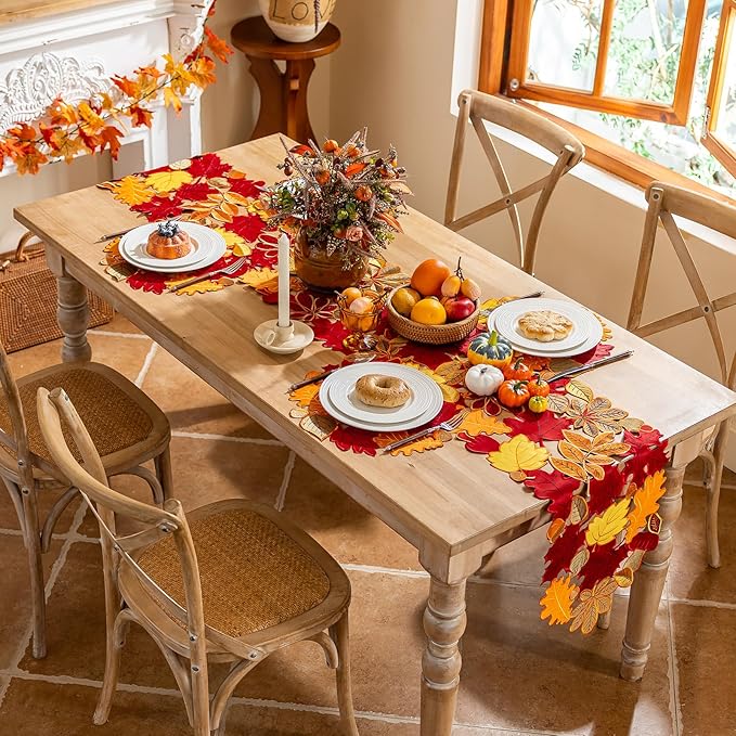 Joyfol Day Fall Leaves Table Runner 14 x 69 inch, Thanksgiving Harvest Rust Maple Leaves Table Runners, Embroidered Autumn Dresser Scarf for Harvest Party Dinner Seasonal Decoration