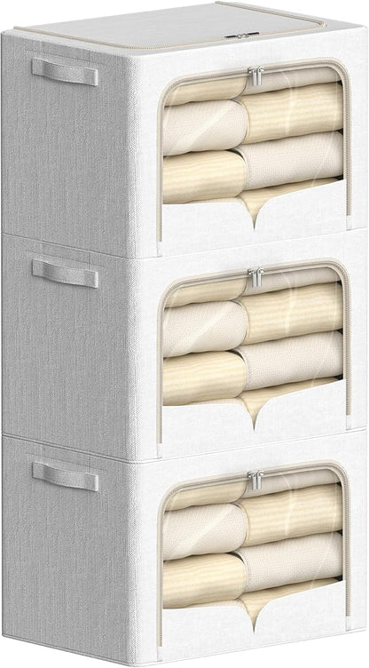 FHSQX 3 Pack Clothes Storage Bins - Foldable Metal Frame Storage Box - Stackable Linen Fabric Container Organizer Set with Carrying Handles and Clear Window (Cream White, 19.7x15.7x13inch(66L))