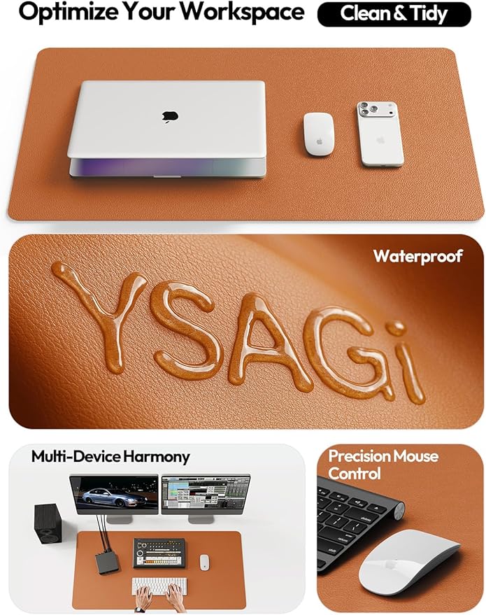 YSAGi Leather Desk Protector, Office Mat, Large Mouse Mat, Non-Slip PU Leather Blotter, Laptop Desk Pad, Waterproof Writing Pad for Office and Home (Brown, 47" x 17")