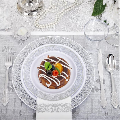 bUCLA 350PCS Silver Plastic Dinnerware Set - Silver Plates Disposable Lace Design for 50 Guests Include 100 Plates,50 Forks,50 Knives,50 Spoons,50Cups,50 Napkins,Ideal for Party,Wedding&Christmas