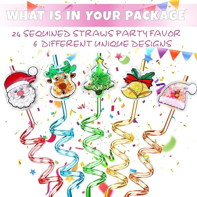24Pcs Glitter Christmas Party Favors Supplies Decorations, Christmas Straws for Classroom Students Kids Gifts, Party Supplies for New Year, Christmas, Birthday