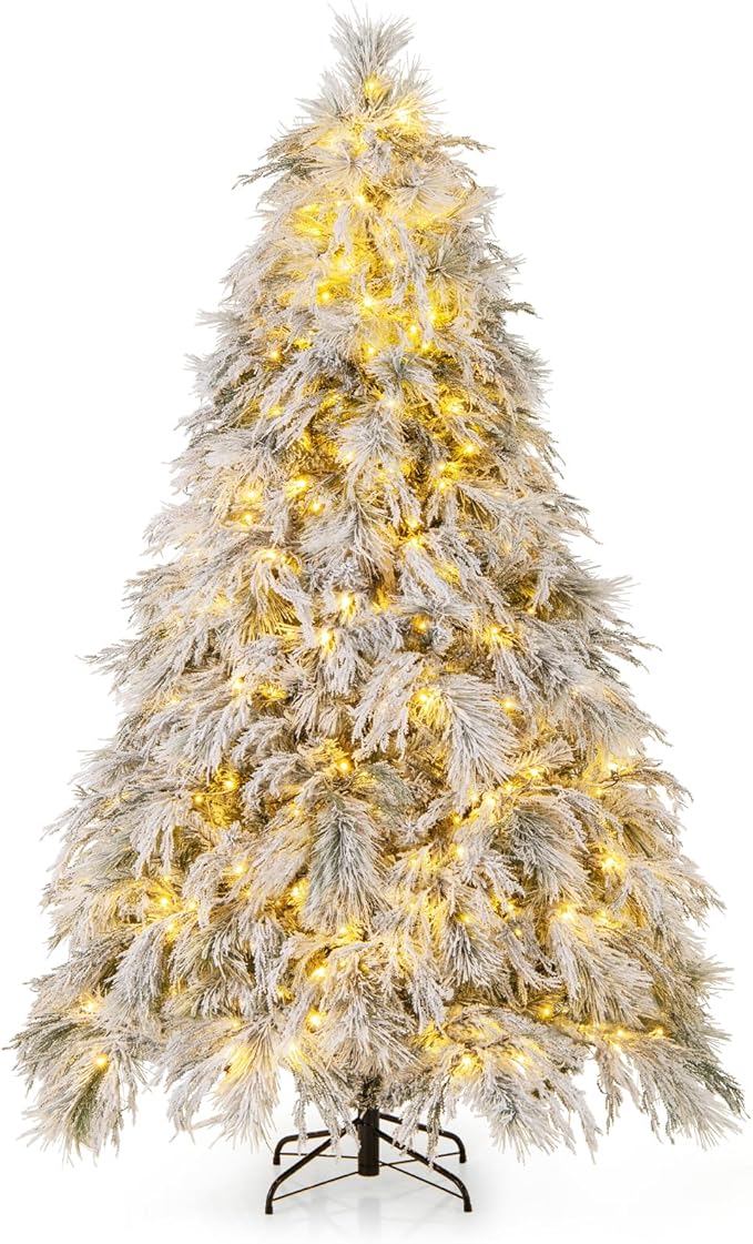 GOFLAME 7ft Pre-Lit Christmas Tree Snow Flocked, Hinged Artificial Xmas Tree with 743 Branch Tips, 320 Warm White LED Lights, Willow Leaves, Holiday Decoration Tree for Home Office Party