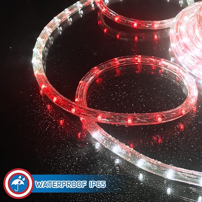 Russell Decor 60ft /648 LEDs Rope Lights Indoor Outdoor Decorative Lighting for Christmas and Party Trees Patio Deck Flexible String Lights (Red White)