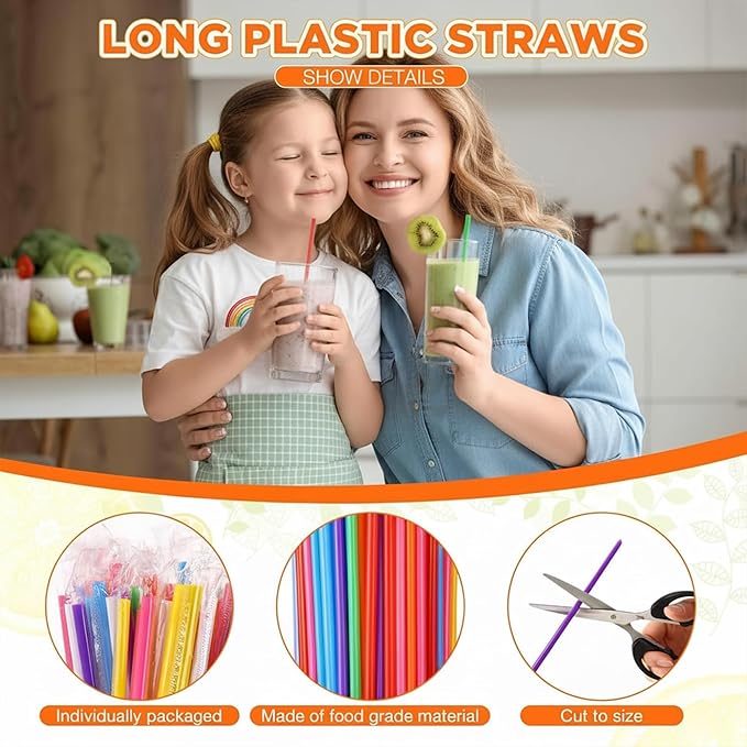 2000 PCS Individually Wrapped Disposable Plastic Drinking Straws, (9" Long, 0.24" Diameter), for Juice, Iced Coffee, Soda, and Party Beverages(Colorful)