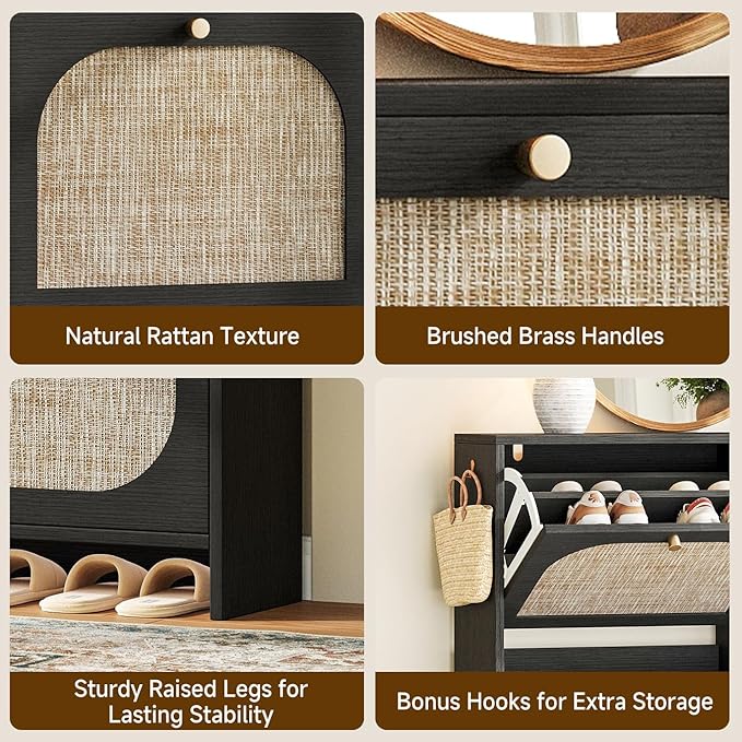 Nicetree Freestanding Arched Rattan Accent Ultra Slim Shoe Cabinet for Entryway - 4 Flip Drawers & 3-Tier Adjustable Shelves, Farmhouse Modern Rustic Shoe Rack for Hallway Foyer Living Room,Black