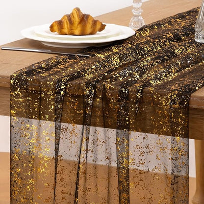 Black Gold Table Runner Sheer Gauze Cheesecloth Runner 120 Inch Glitter Wedding Anniversary Party Decor for Dining Table Home Celebration