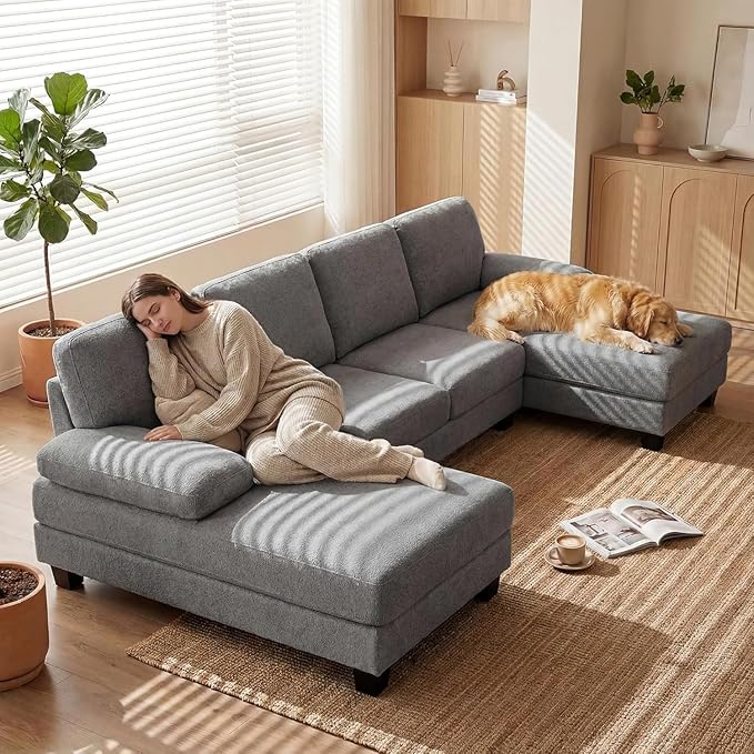 Homall Modular Sectional U Shaped Sofa Couches for Living Room, Comfy Loop Yarn 4 Seat Sofa Set with Removable Pillows, Lounge Chaise Upholstered Couch for Apartment (Loop Yarn, Pearl Gray)