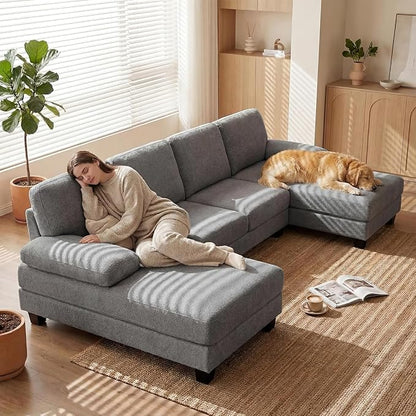 Homall Modular Sectional U Shaped Sofa Couches for Living Room, Comfy Loop Yarn 4 Seat Sofa Set with Removable Pillows, Lounge Chaise Upholstered Couch for Apartment (Loop Yarn, Pearl Gray)