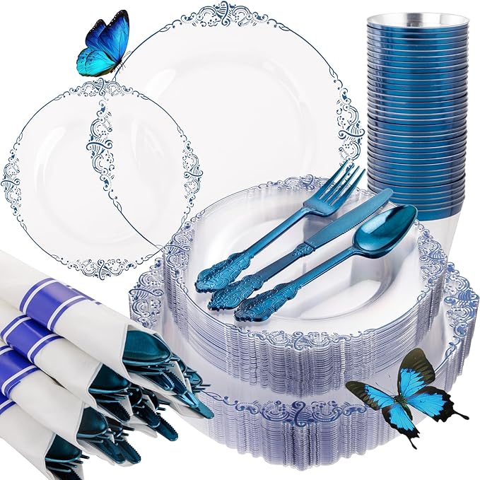 Hioasis 175pcs Clear Blue Plastic Plates - Elegant Disposable Dinnerware Set Suitable for 25 Guests Include 10.25" Dinner & 7.5" Dessert Plates, Pre Rolled Silverware Set, Cups for Party & Christmas