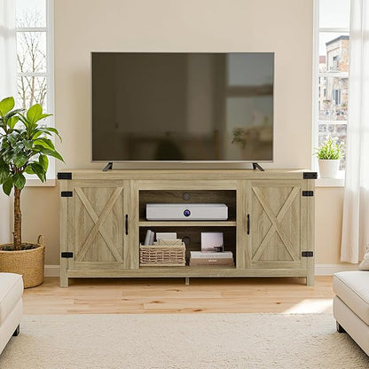 YESHOMY Modern Farmhouse TV Stand with Two Barn Doors and Storage Cabinets for Televisions up to 65+ Inch,Entertainment Center Console Table,Media Furniture for Living Room,Yellow Oak