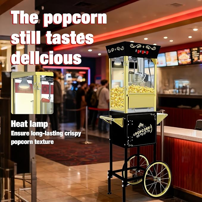 Black Vintage Commercial Popcorn Machine with Cart & Warmer Light - 12oz Stainless Steel Popper Makes 60 Cups for Theater, Parties & Home Use