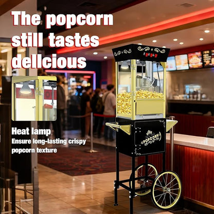 Black Vintage Commercial Popcorn Machine with Cart & Warmer Light - 12oz Stainless Steel Popper Makes 60 Cups for Theater, Parties & Home Use