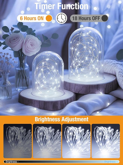 btfarm Fairy Lights Battery Operated with Timer 8 Modes, 16.4 FT 50 LED Silver Wire Twinkle String Lights Battery Powered Dimmable Waterproof for Indoor Home Party Wedding Christmas Decor, Cool White