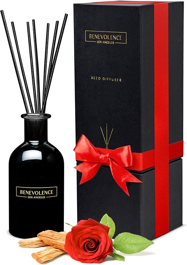 Benevolence LA Reed Diffusers for Home, Rose & Sandalwood Relaxing Fragrance | Aromatherapy Reed Diffuser Sticks with Gift Box, Scented Sticks for Bathroom | Home Décor