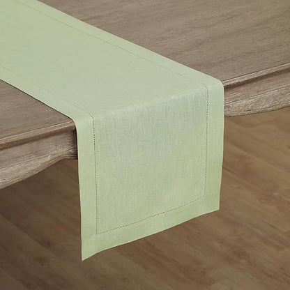 Solino Home Linen Sage Green Table Runner 144 Inches Long - 100% Pure Linen Extra Long Table Runner 14 x 144 Inch for Fall, Autumn, Christmas, New Year - Classic Hemstitch