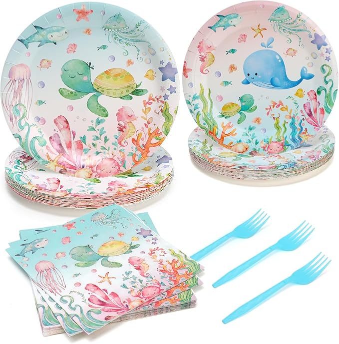 96pcs Paper Plates, Under the Sea Animals Party Plates and Napkins Forks Ocean Themed Disposable Tableware Set for 24 Guests Baby Shower Picnic Kids Birthday Party Supplies Decorations
