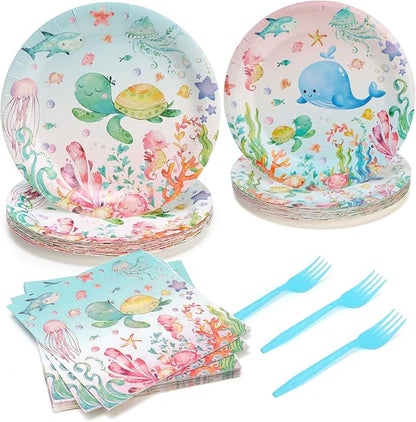 96pcs Paper Plates, Under the Sea Animals Party Plates and Napkins Forks Ocean Themed Disposable Tableware Set for 24 Guests Baby Shower Picnic Kids Birthday Party Supplies Decorations