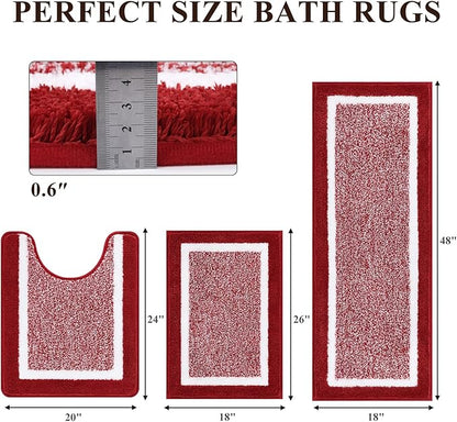 Pauwer 3 Piece Bath Mat Set Bathroom Rugs, Non Slip Plush Bathroom Mats, Absorbent Shaggy Bath Rug Set with U-Shaped Contour Toilet Mat for Bathroom Bedroom Living Room, Red