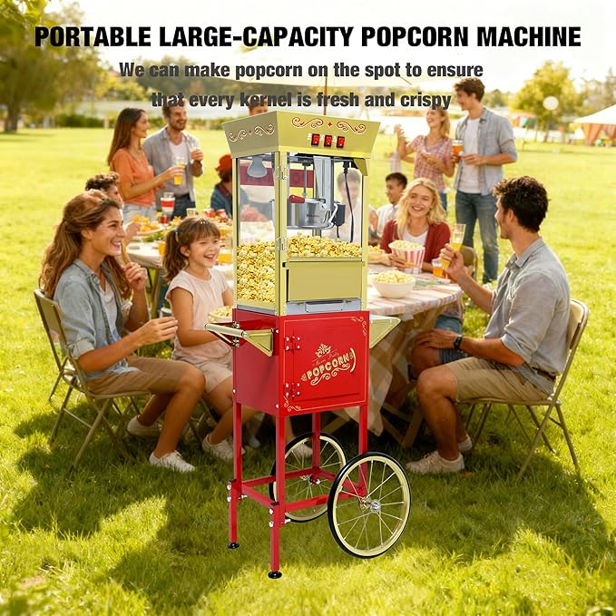 Vintage Commercial Popcorn Machine with Cart & Warmer Light - 12oz Stainless Steel Popper Makes 60 Cups for Home Theater and Parties, Red