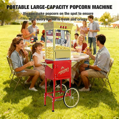 Vintage Commercial Popcorn Machine with Cart & Warmer Light - 12oz Stainless Steel Popper Makes 60 Cups for Home Theater and Parties, Red
