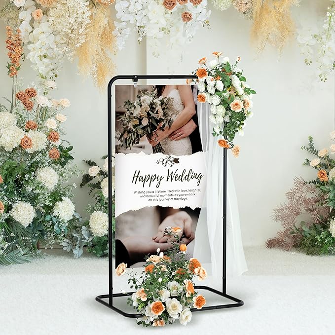 Jolitac Wedding Welcome Sign Holder, Adjustable Wedding Sign Stand Leather Hanging Straps & Design Bundle Heavy Duty Metal Easel Stand for Seating Charts, Bridal Showers, Birthday Party Displays