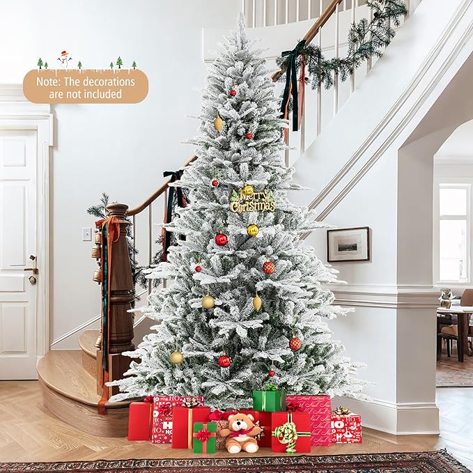 GOFLAME 8FT Pre-Lit Christmas Tree Snow Flocked, Hinged Artificial Xmas Tree with 1447 Branch Tips, 800 Cold White LED Lights, 3 Lighting Modes, Timer, Remote, Holiday Decoration Tree for Home Party