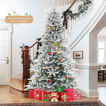 GOFLAME 8FT Pre-Lit Christmas Tree Snow Flocked, Hinged Artificial Xmas Tree with 1447 Branch Tips, 800 Cold White LED Lights, 3 Lighting Modes, Timer, Remote, Holiday Decoration Tree for Home Party