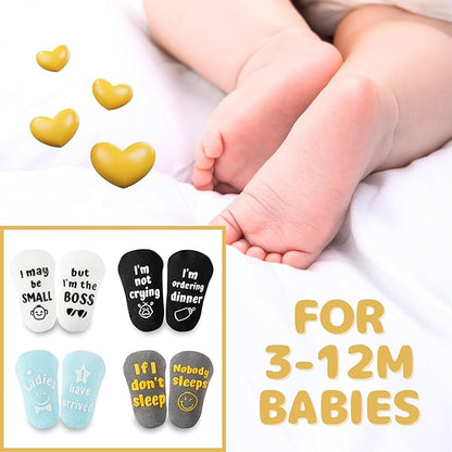 InnoBeta Baby Socks Set with Funny Quotes (4 Pairs) Newborn/Infant Socks for Baby Shower, Gender Reveal 3-12 Months