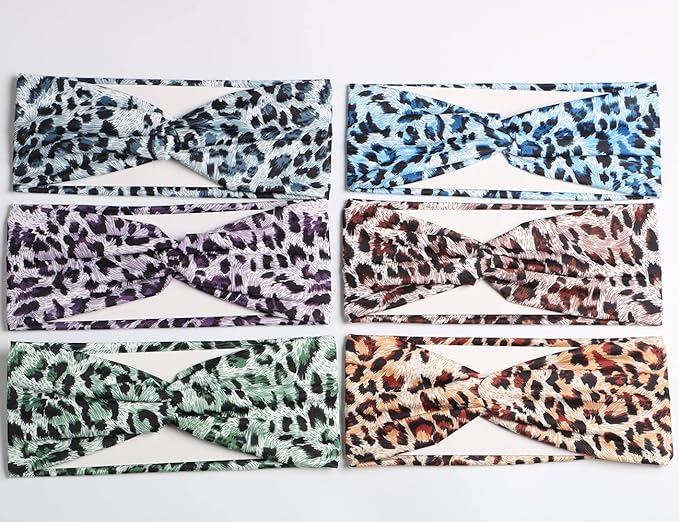 6PCS Women Leopard Boho Headbands,Boho Floal Style Criss Cross Head Wrap,Wide Top Knot Turban Hair Band (Leopard print)