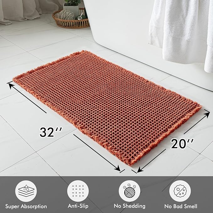 MIULEE Orange Set of 2 Waffle Bathroom Rugs, Boho Bath Rugs Non Slip Washable, Super Absorbent Bath Mats, Ultra Soft Rubber Backed Shower Mats for Bathroom Floor, Tub and Shower, 20x32 Inch