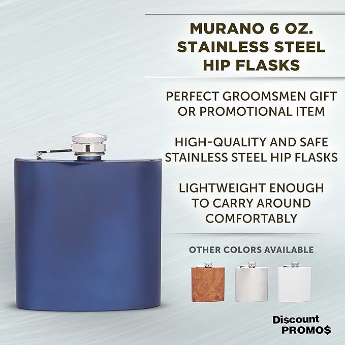 Murano Stainless Steel Hip Flasks 6 oz. Set of 10, Bulk Pack - Screw on Cap, Great for Wedding Party Gifts, Groomsmen Gifts, Outdoor Activities - Blue