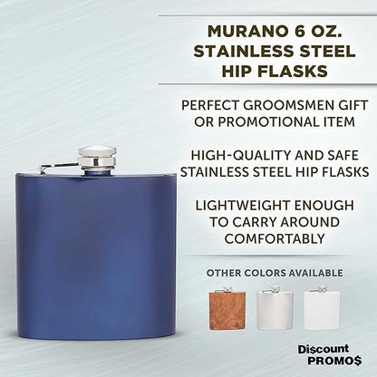 Murano Stainless Steel Hip Flasks 6 oz. Set of 10, Bulk Pack - Screw on Cap, Great for Wedding Party Gifts, Groomsmen Gifts, Outdoor Activities - Blue