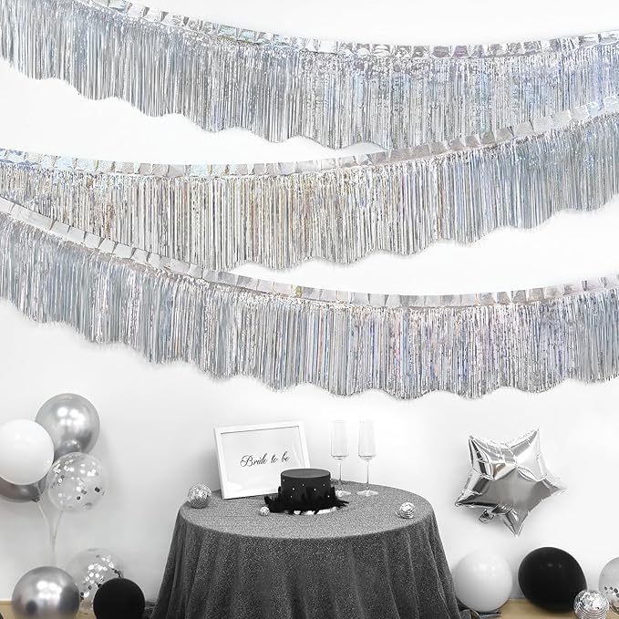 LOLStar 6 Pack Silver Foil Fringe Garland Christmas Party Decorations, 59Ft Tinsel Streamers Shiny Silver Wall Hanging Tinsel Fringe Banners for Wedding Birthday Anniversary New Year Party Decor