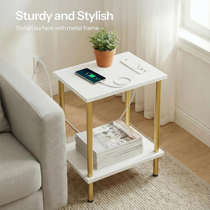 HOOBRO Side Table with Charging Station, Set of 2 End Tables with USB Port and Outlets, Nightstand with 2-Layer Storage Shelves for Small Spaces, Living Room, Bedroom, White and Gold DW09UBZP201