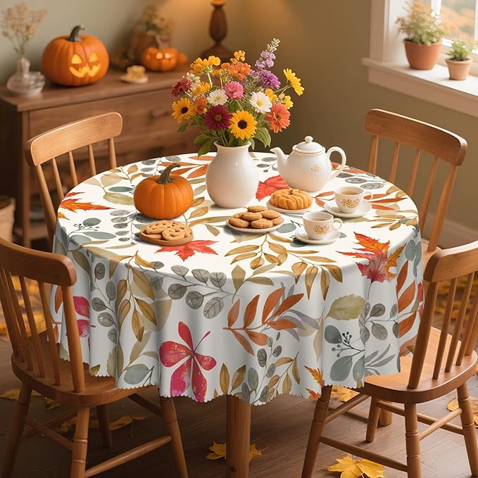 Eikione Fall 60Inch Round Tablecloth, Fall Maple Leaf Round Table Cloth, Waterproof, Wrinkle Free Polyester Table Cover for Autumn Picnics, Halloween Dining Decorations