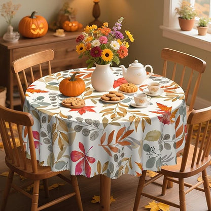 Eikione Fall 60Inch Round Tablecloth, Fall Maple Leaf Round Table Cloth, Waterproof, Wrinkle Free Polyester Table Cover for Autumn Picnics, Halloween Dining Decorations