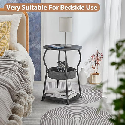Small Round Side Table with Storage Bag, 3-Tier Accent Round End Table with Storage Shelves for Living Room, 21.6" H Vintage Small Corner Table for Smalls Spaces (D - 15.8 in Black)
