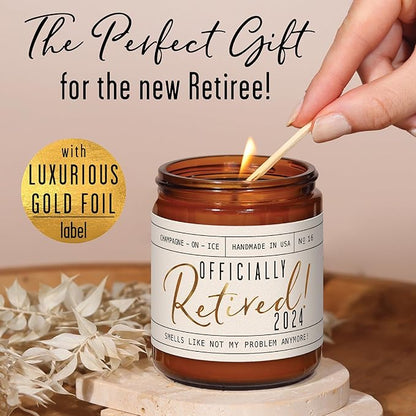 Retirement Gift for Woman - 'Officially Retired 2024' Candle, w/Champagne on Ice I Happy Retirement Gifts for Women 2024 I Retired Gifts for Women I 50Hr Burn, Made in USA
