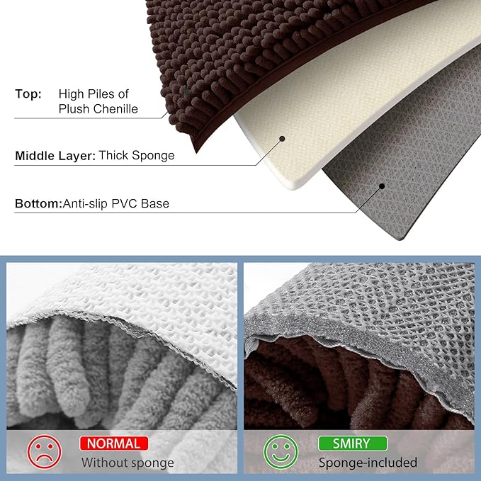 Smiry Luxury Chenille Bathroom Rugs 36x24, Extra Soft and Absorbent Shaggy Bath Mat, Machine Washable, Non-Slip Plush Carpet Runner for Tub, Shower, and Floor, Home Decor Accessories, Brown