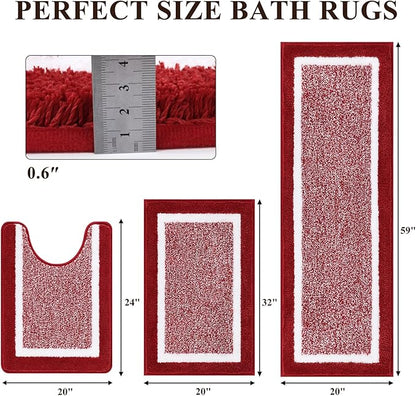 Pauwer Bathroom Rugs Sets 3 Piece Bathroom Shower Rugs with U-Shaped Contour Toilet Mat Absorbent Microfiber Plush Bath Mats Non Slip Bath Rugs Machine Washable Shaggy Floor Mats, Red