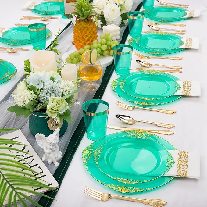 Hioasis 350pcs Clear Green Plastic Plates - Elegant Disposable Dinnerware Set Suitable for 50 Guests Include 10.25" Dinner & 7.5" Dessert Plates, Cutlery, Napkins, Cups for Party & Christmas