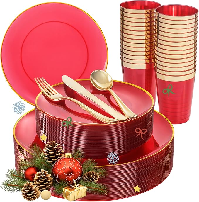 LIYH 180 Pcs Clear Red Plastic Plates Disposable - Red Dinnerware Set, Include Red and Gold Plates, Dinner Plate, Dessert Plate, Gold Plastic Silverware for Birthday Party