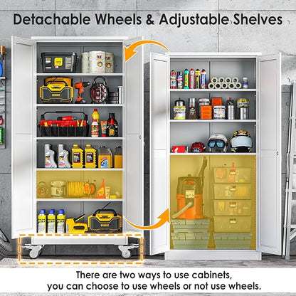 75''H Metal Garage Storage Cabinet with Wheels,Steel File Cabinets with 2 Doors and 5 Adjustable Shelves for Home Office, Warehouse, Required Assembly,White
