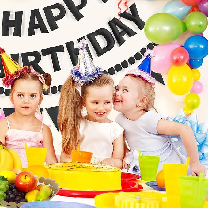 CANREVEL Pre-Strung 3D Happy Birthday Banner, 3 PCS Black Happy Felt Garland, Pom Pom Garland, Triangle Fabric Bunting, Reusable Black Birthday Decorations