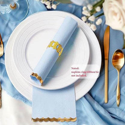 50 Pack Dinner Napkins Paper Decorative, Gold Foil Scalloped Edged Guest Napkins Disposable for Wedding, Shower Baby, Birthday Parties Supplies (4 x 8 In, Blue)