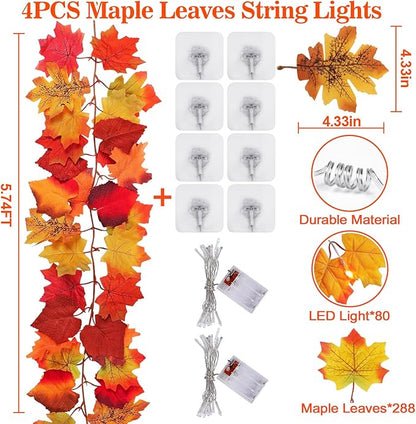 23.6Ft Thanksgiving Decorations Fall Decor for Home Lighted Fall Garland Maple Leaves Total 80 LED Fall Decorations for Home Halloween Decorations Outdoor String Lights for Autumn Decor Harvest