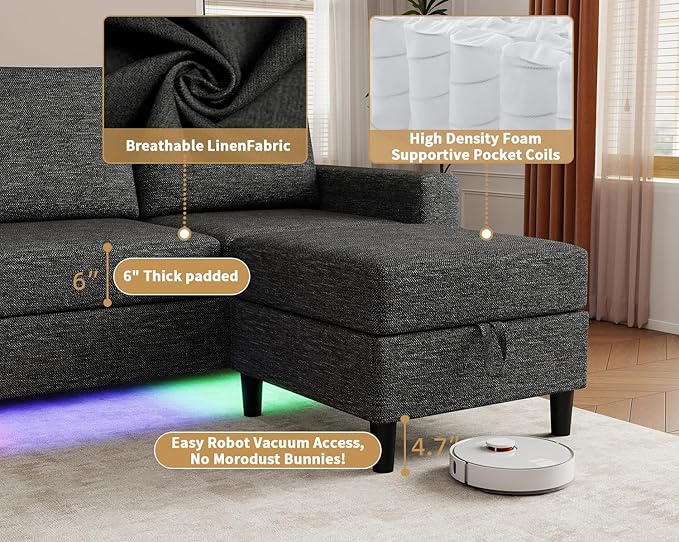 Smart Sectional Couches for Living Room, 6 Seat U/L Shaped Sectional Sofa with RGB Light/Charging, Modern Living Room Furniture for Apartments/Office/More (Black)