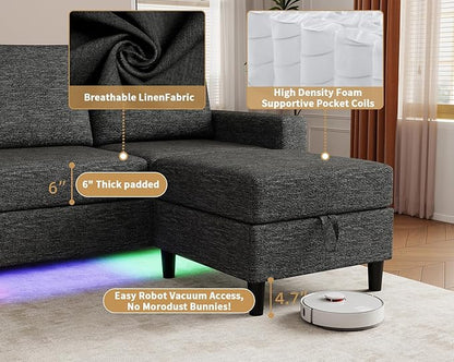 Smart Sectional Couches for Living Room, 6 Seat U/L Shaped Sectional Sofa with RGB Light/Charging, Modern Living Room Furniture for Apartments/Office/More (Black)