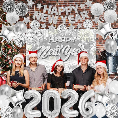 New Years Eve Party Supplies 2026 Happy New Year Decorations Kit - Silver Happy New Year Banner, Backdrop, 2026 Balloons, Pom Poms and Hanging Swirls for Kids Adults Party Decor